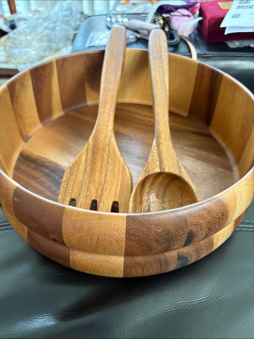 Handcrafted Staved Acacia Salad Bowl with Serving Spoon and Fork - Brown